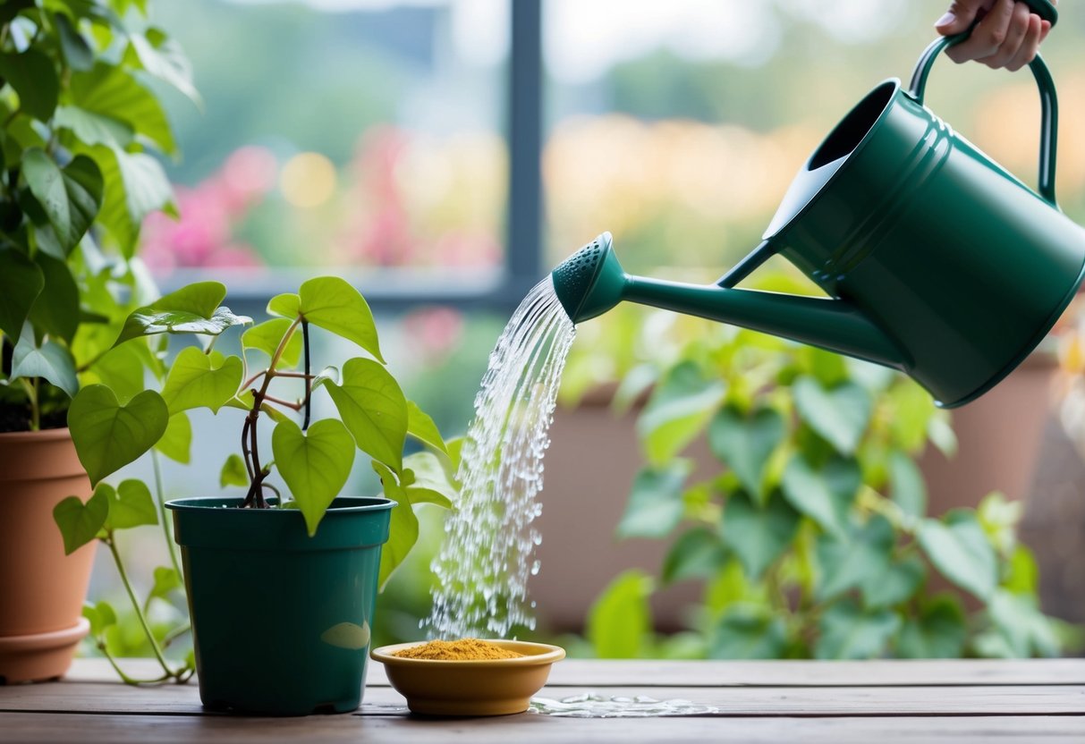 A watering can pours water onto a potted devils ivy plant, while a small dish of liquid fertilizer sits nearby