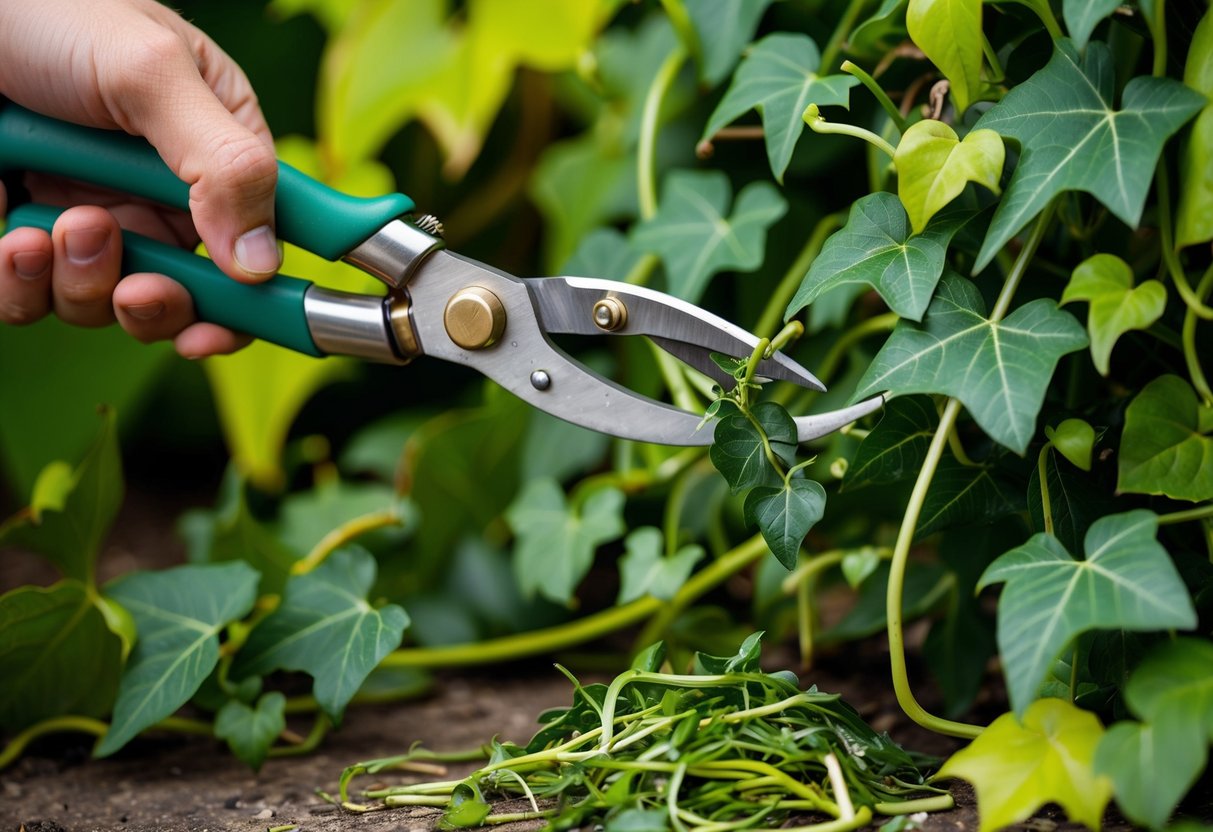 A pair of gardening shears snipping away at overgrown tendrils of devils ivy, with a small pile of trimmed leaves and stems nearby