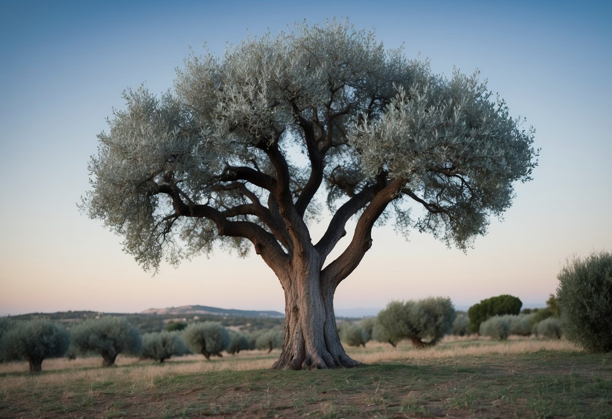 An olive tree stands tall, its gnarled trunk and silvery-green leaves creating a peaceful, Mediterranean landscape