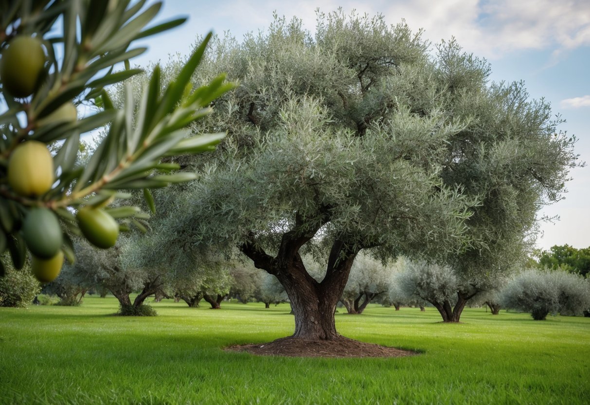 A lush olive tree with various olive varietals growing on its branches