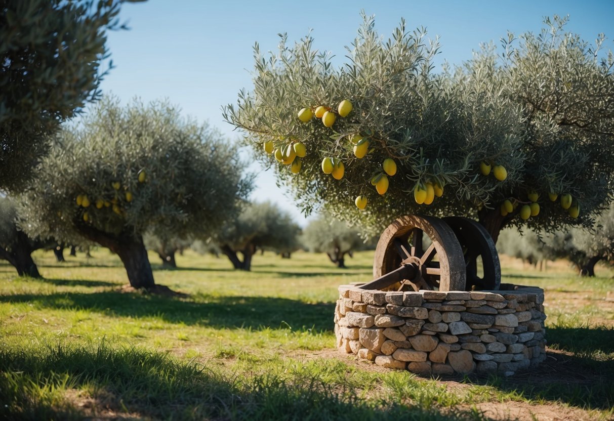 A sunny olive grove with ripe fruit on the branches and a stone mill for pressing oil