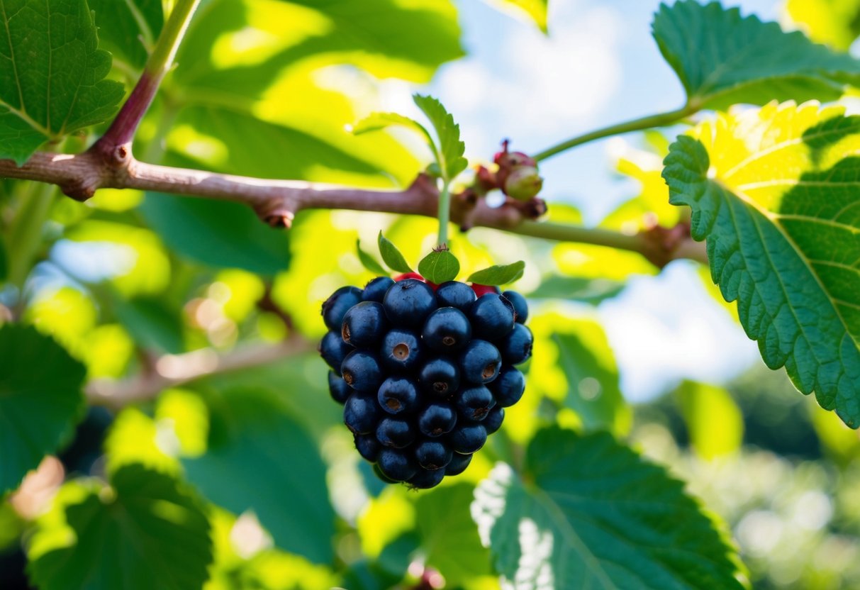 A ripe boysenberry hanging from a vine, surrounded by lush green leaves and dappled sunlight