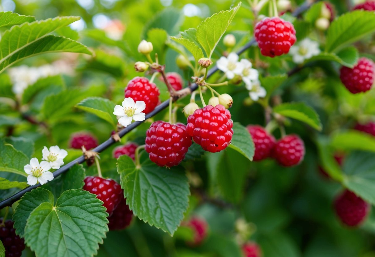 A boysenberry bush with ripe fruit hanging from the vines, surrounded by lush green leaves and delicate white flowers