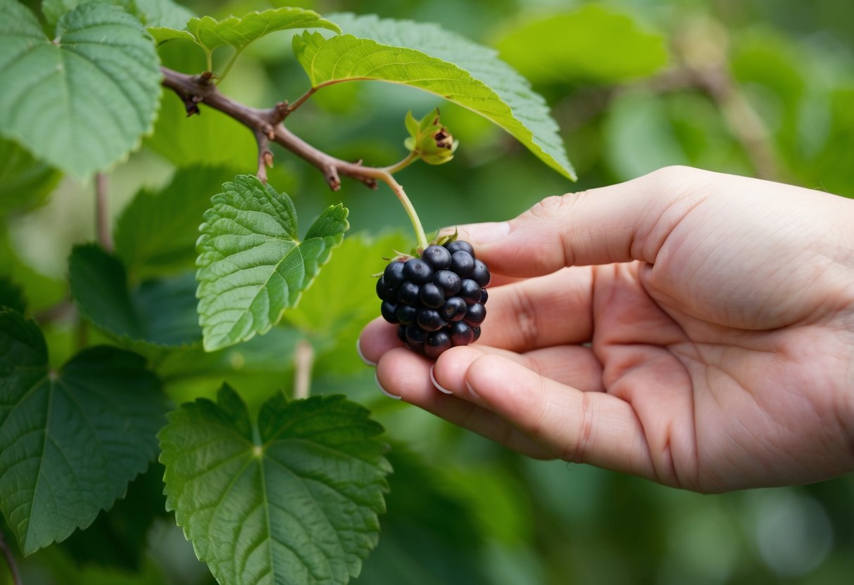 A hand reaching for a ripe boysenberry on a vine amid lush green leaves