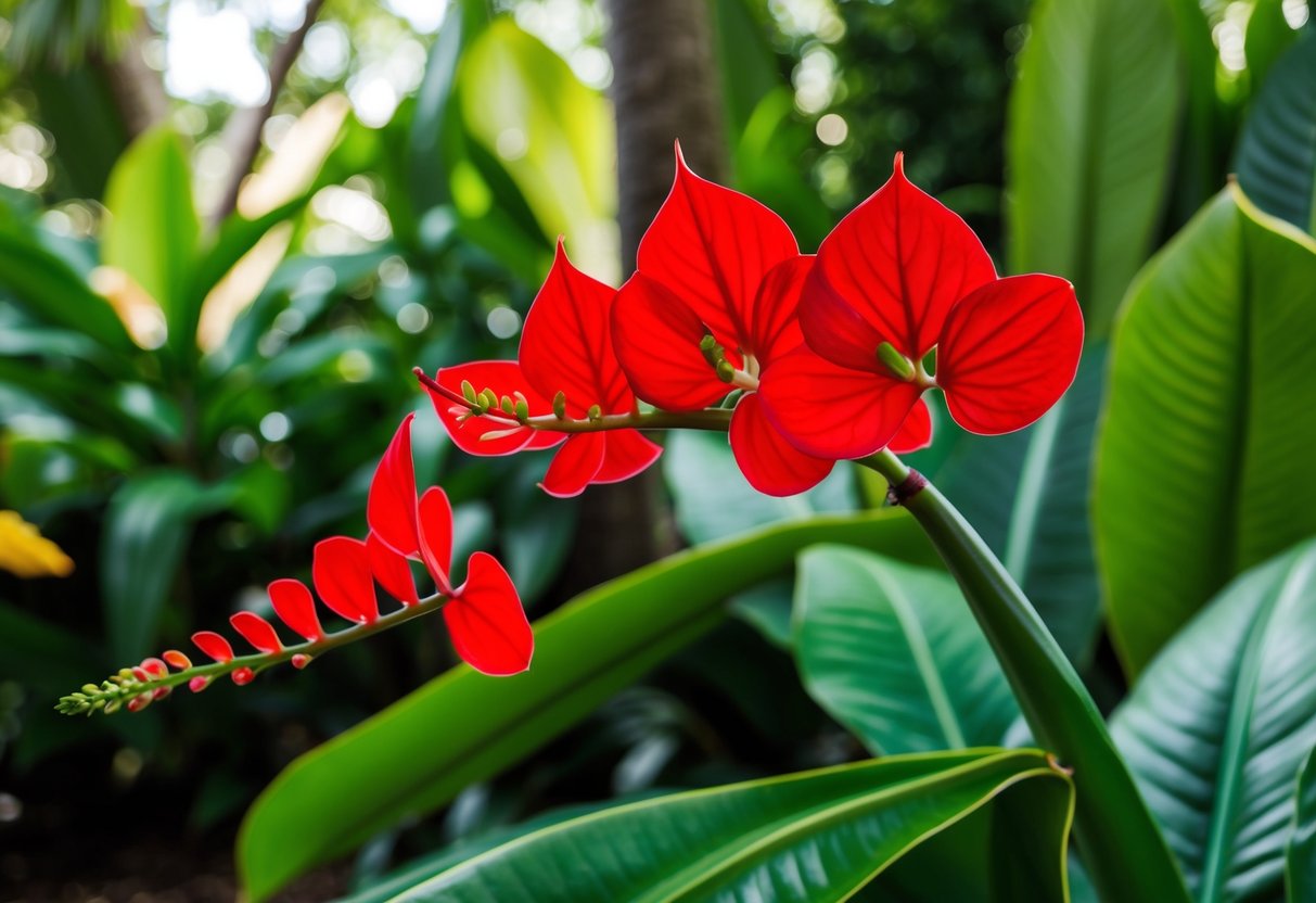 A vibrant red anthurium blooms in a lush tropical garden