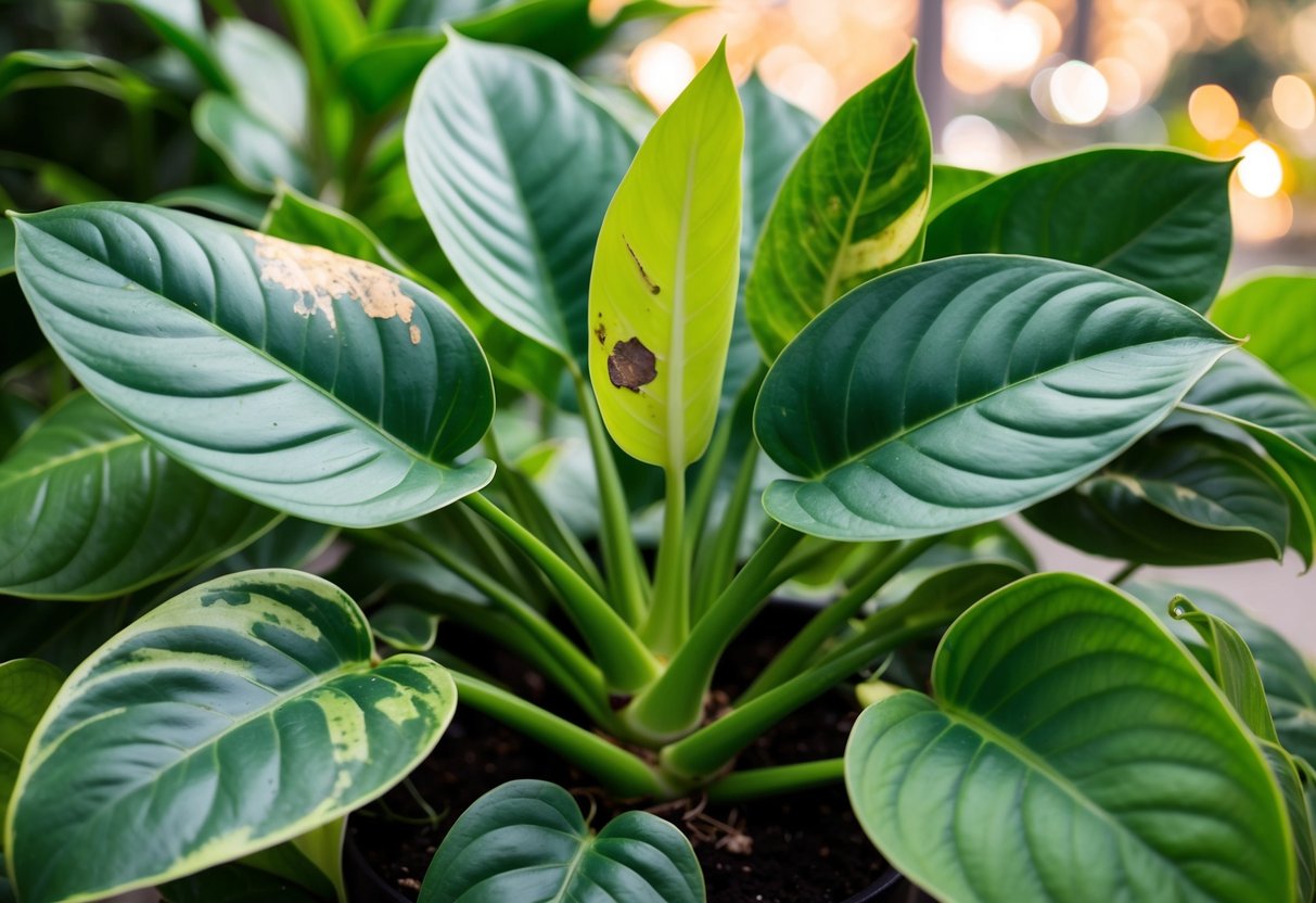 Anthurium plant surrounded by healthy leaves, with signs of pest and disease damage on some leaves