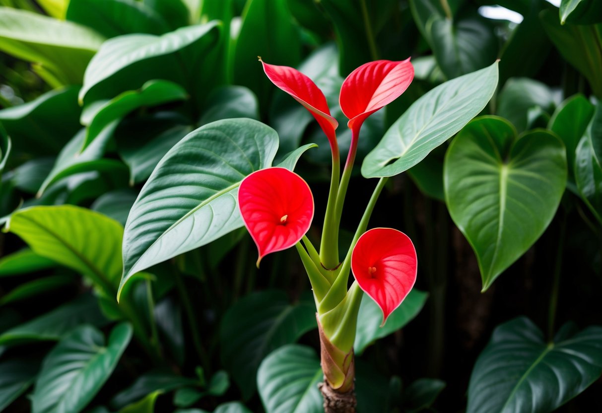 A vibrant anthurium plant blooms against a backdrop of lush green foliage, its glossy heart-shaped leaves and bold red flowers standing out