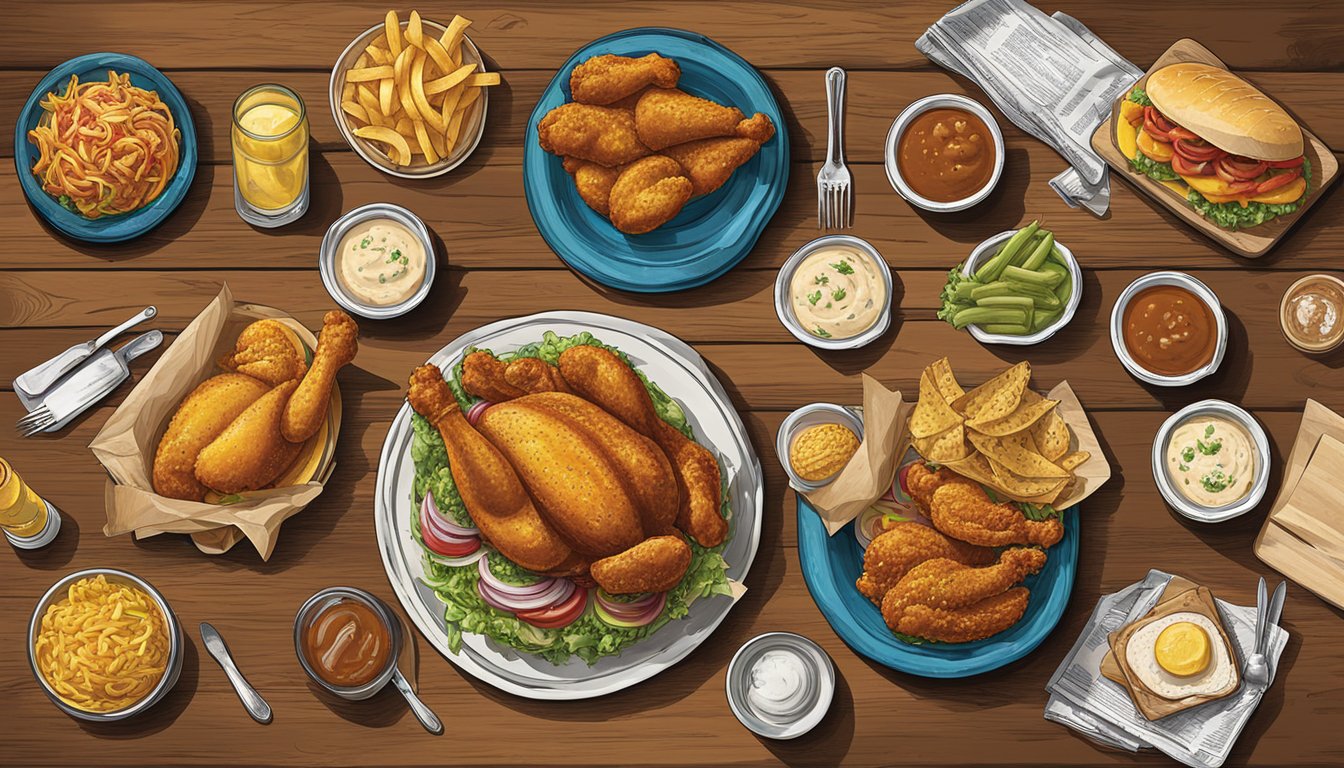 A colorful array of signature menu items and proprietary ingredients displayed on a rustic wooden table, evoking the evolution of Church's Texas Chicken menu