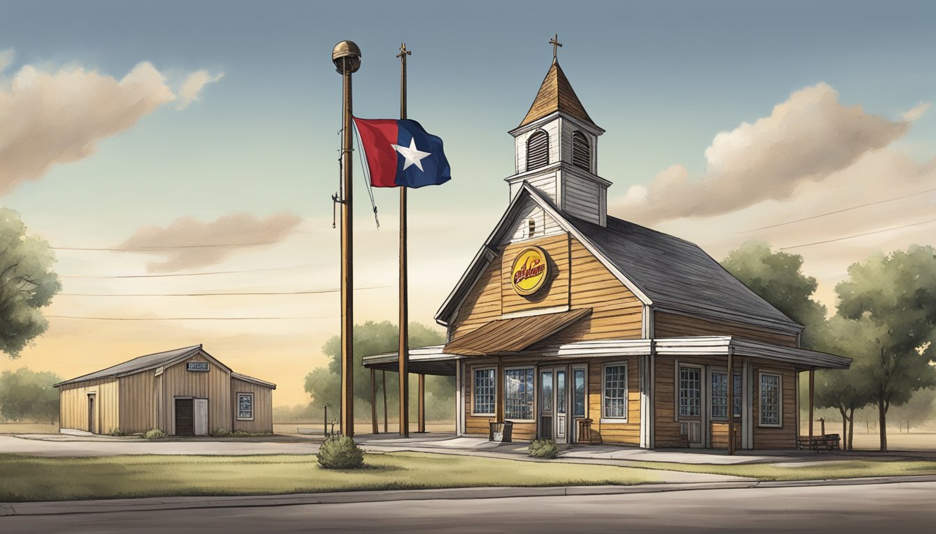 A rustic Texas landscape with a lone star flag flying next to a Church's Chicken restaurant, evoking the brand's connection to the Lone Star State