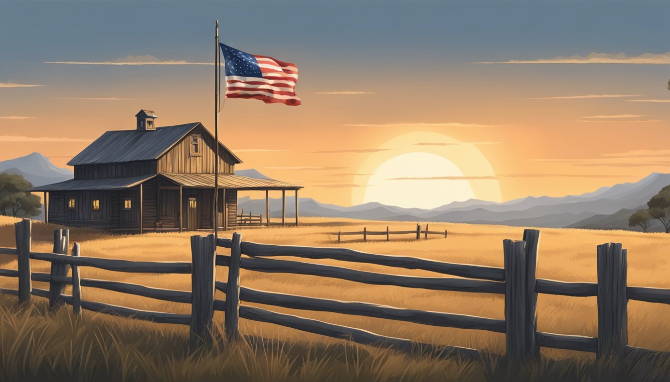 A rustic Texan ranch with a prominent lone star flag flying high, surrounded by rolling hills and a cowboy hat resting on a fence post