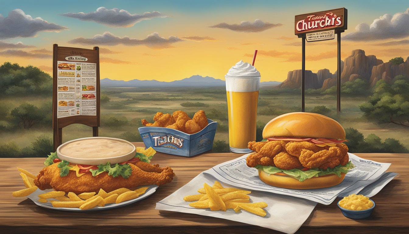 A rustic Texas landscape with a menu and culinary offerings from Church's Texas Chicken, showcasing the connection to the Lone Star State through iconic dishes and ingredients