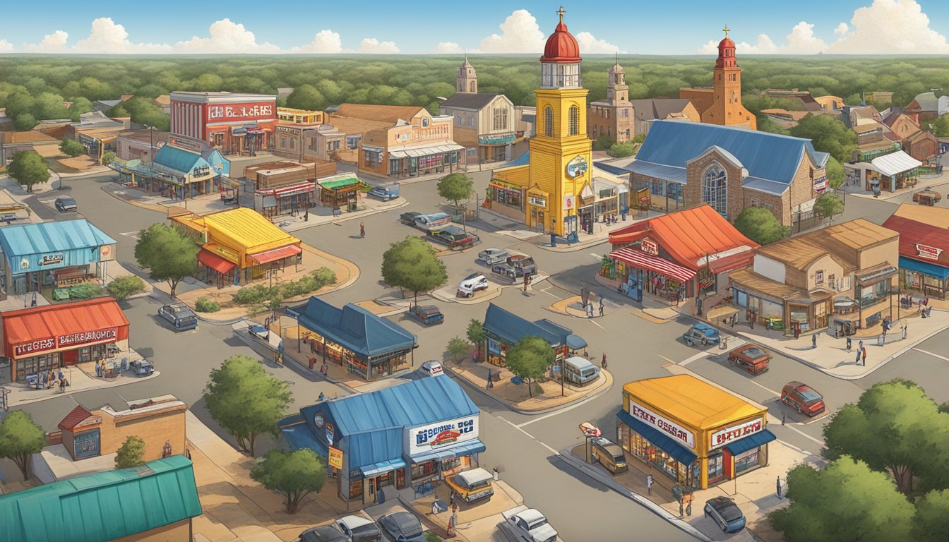 A bustling Texas town with a Church's Texas Chicken restaurant at the center, surrounded by iconic Lone Star State landmarks and symbols