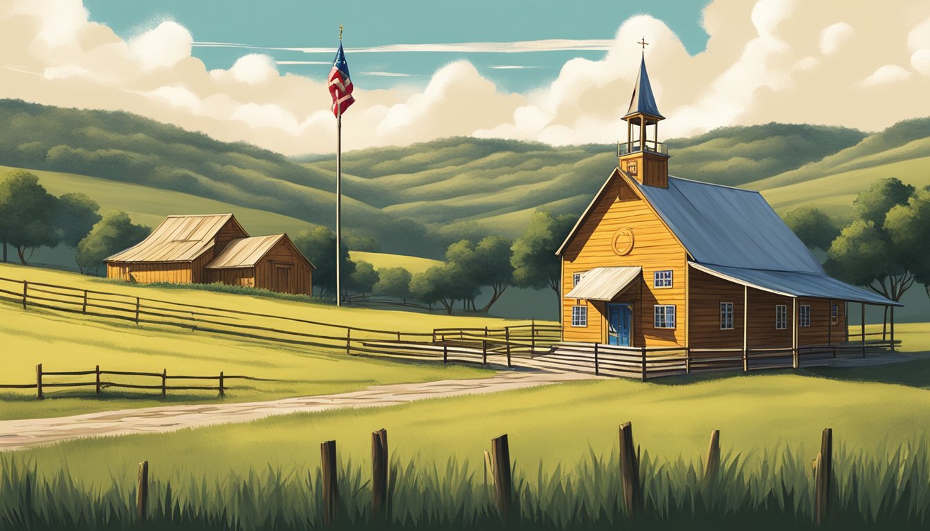 A rustic Texas ranch with a Church's Texas Chicken restaurant nestled among rolling hills and a lone star flag waving in the breeze