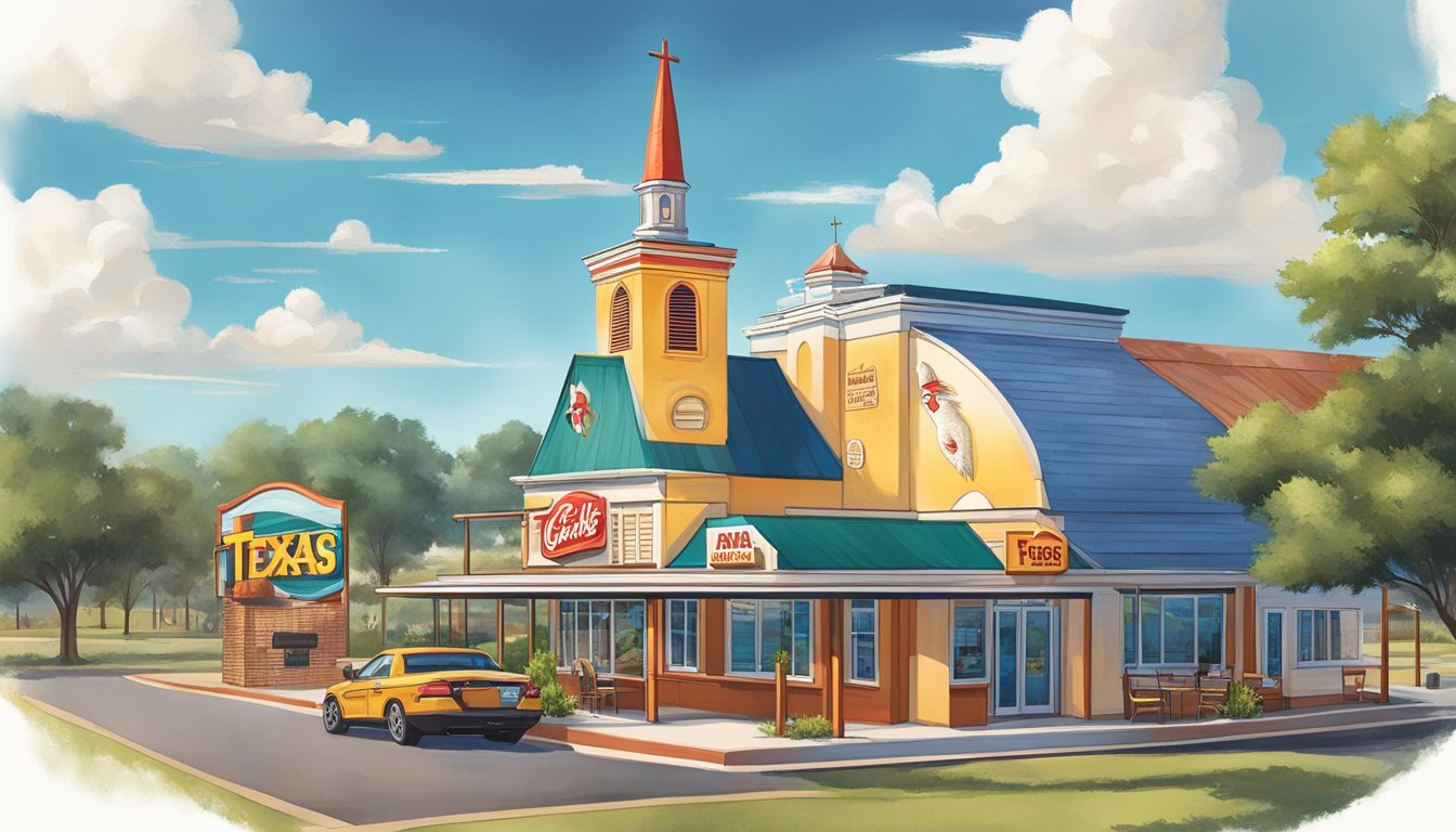 A vibrant Texas landscape with a prominent Church's Texas Chicken restaurant, surrounded by iconic Lone Star State imagery and cultural symbols