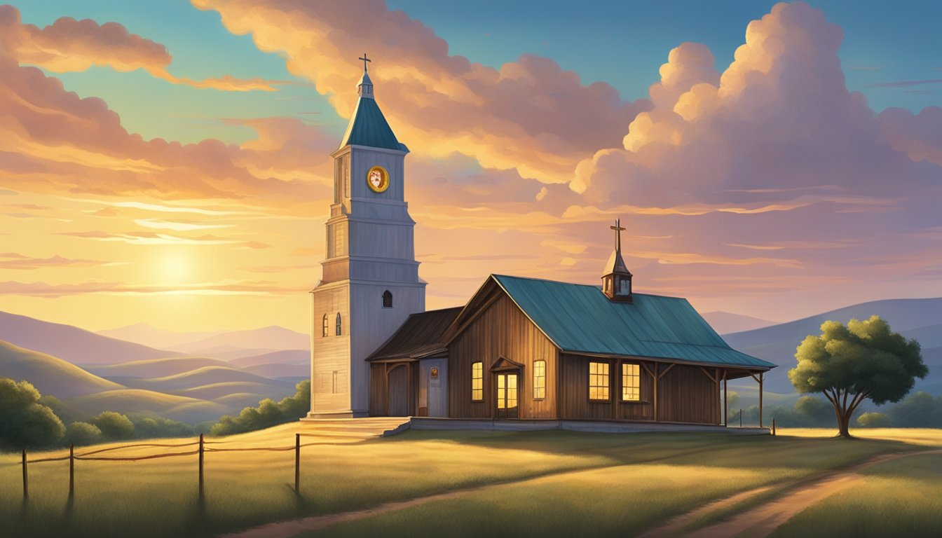 A rustic Texas landscape with a Church's Texas Chicken restaurant nestled among rolling hills and a lone star shining in the sky