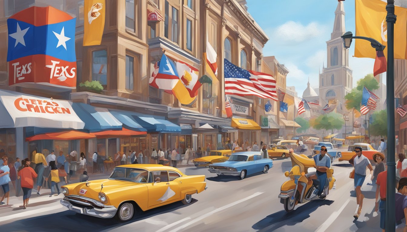 A bustling city street with a prominent Church's Texas Chicken restaurant sign, surrounded by diverse international flags and bustling foot traffic