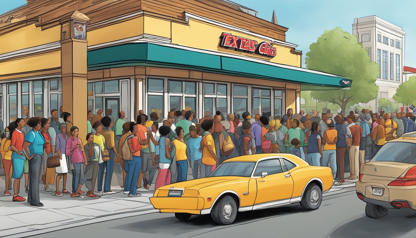 A bustling city street with a Church's Texas Chicken restaurant surrounded by diverse customers and a line of people waiting to order