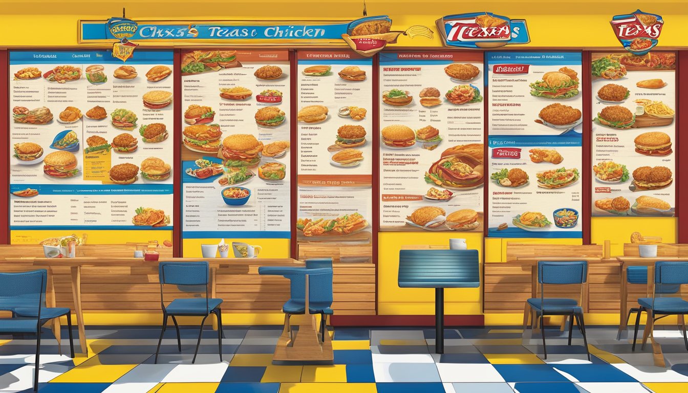 A colorful menu board featuring new Texas-themed dishes and branding for Church's Chicken