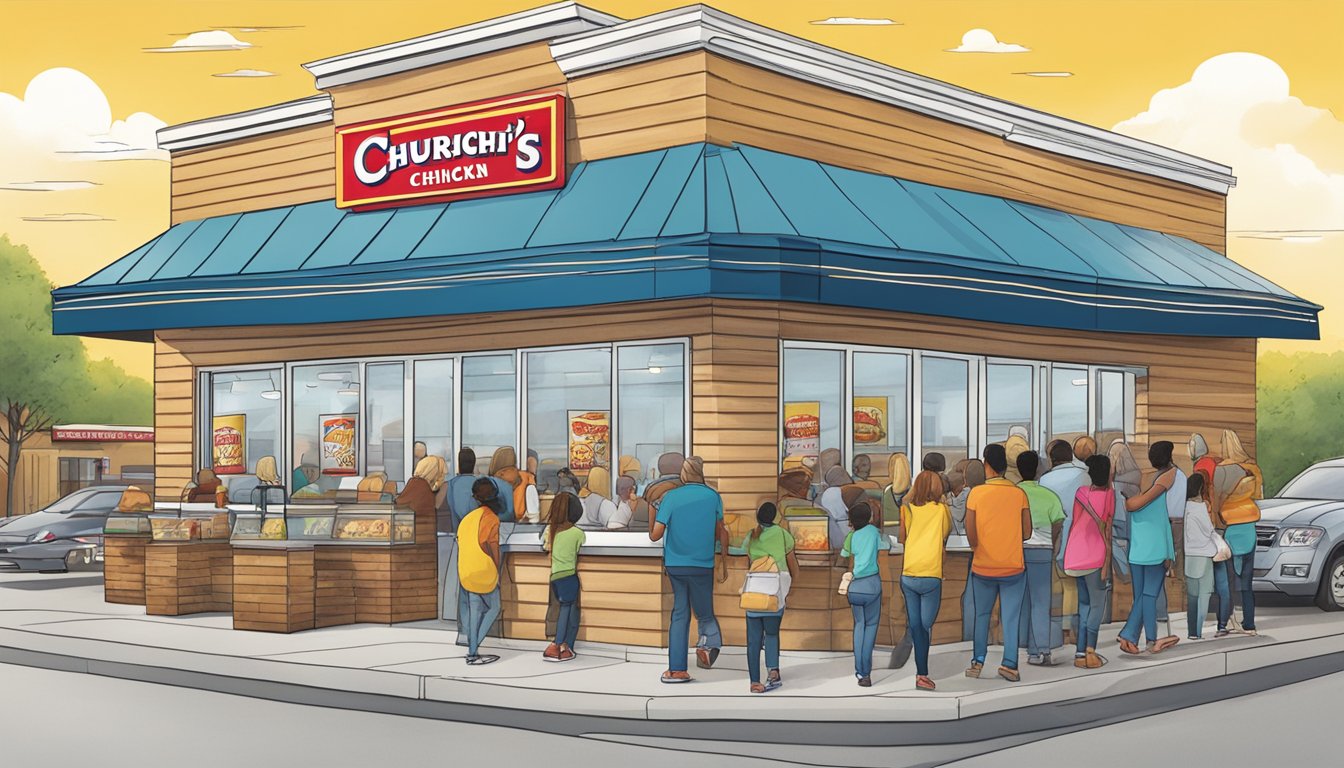 A bustling Church's Chicken restaurant in Texas, with a line of customers out the door and a sign displaying the new "Church's Texas Chicken" branding