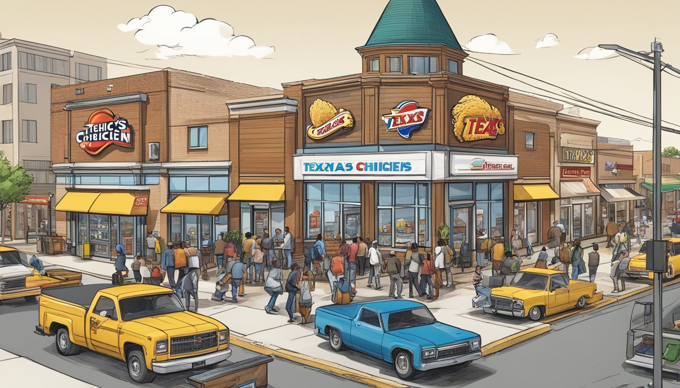 A bustling city street with a Church's Texas Chicken franchise prominently displayed, surrounded by other businesses and customers