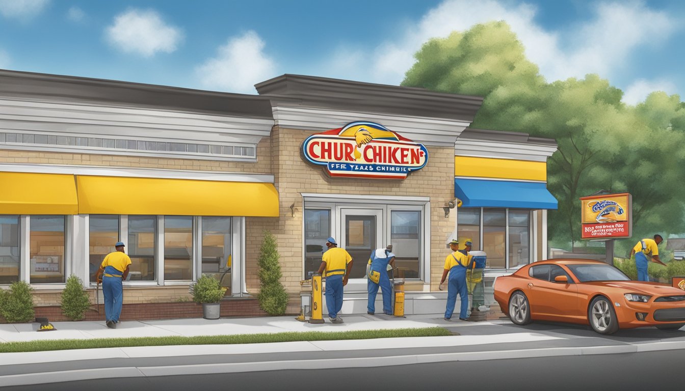 A Church's Chicken sign is being updated to read "Church's Texas Chicken" with workers changing the lettering on the storefront