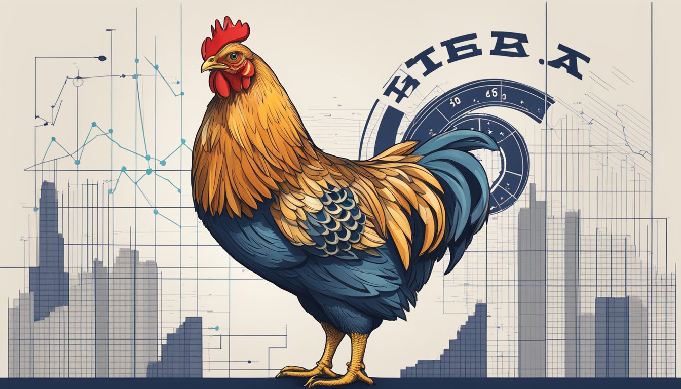 A chicken with a crown stands in front of a Texas flag, surrounded by financial charts and graphs showing revenue growth