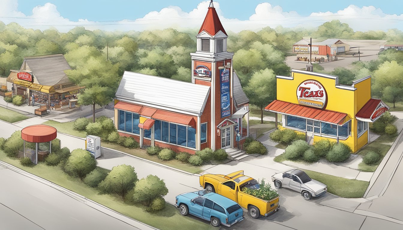 A Texas landscape with a Church's Chicken restaurant transforming into Church's Texas Chicken, surrounded by signs of growth and expansion