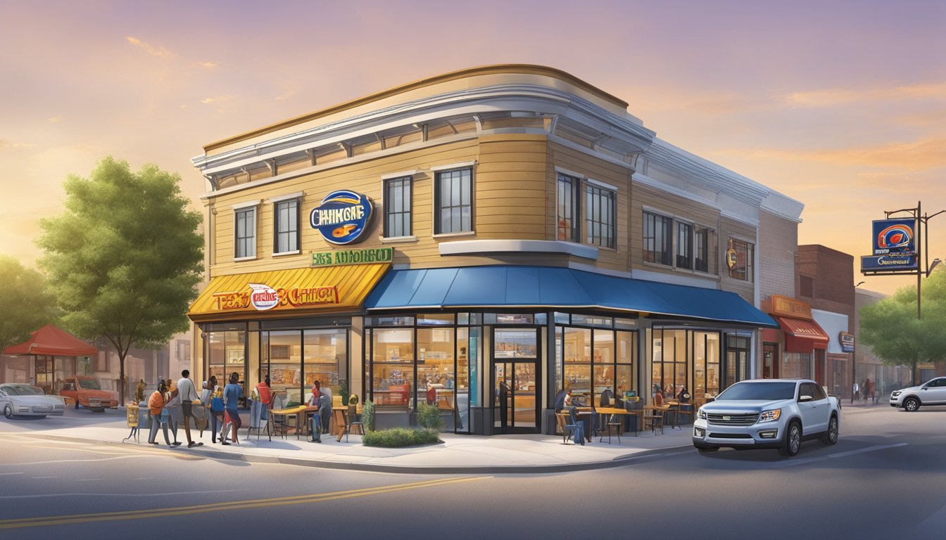 A bustling street corner with a newly constructed Church's Texas Chicken franchise next to a row of diverse storefronts