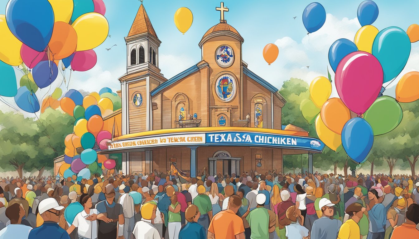 A bustling church event with colorful banners and balloons, surrounded by smiling people and the iconic Texas Chicken logo prominently displayed