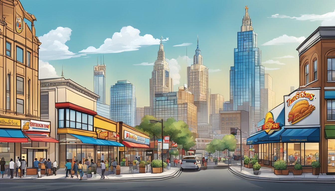 A bustling city skyline with Church's Texas Chicken restaurants expanding across the landscape, showcasing the growth and future outlook of the franchise