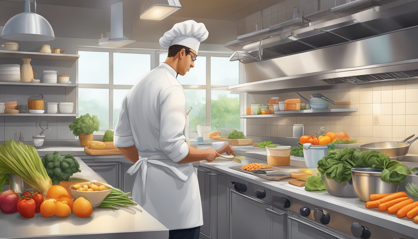 A chef carefully inspects fresh ingredients in a clean, organized kitchen, while a team member records temperatures and sanitation logs