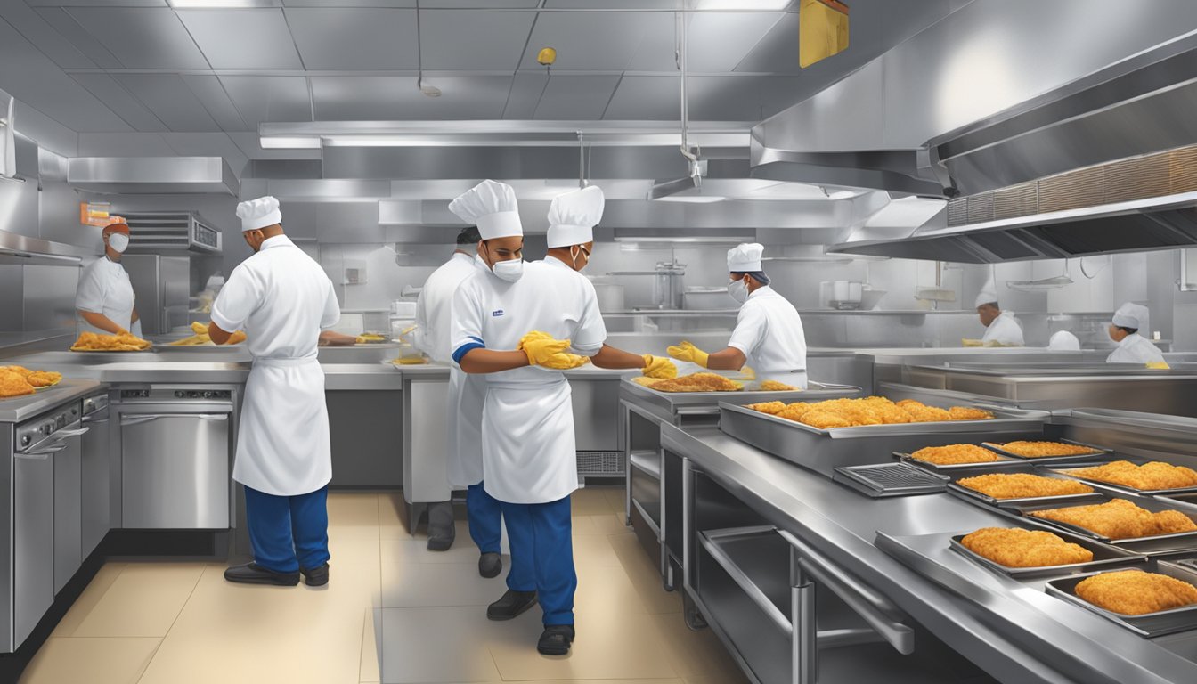 The bustling kitchen of Church's Texas Chicken, with chefs wearing hairnets and gloves, diligently following food safety protocols and compliance measures