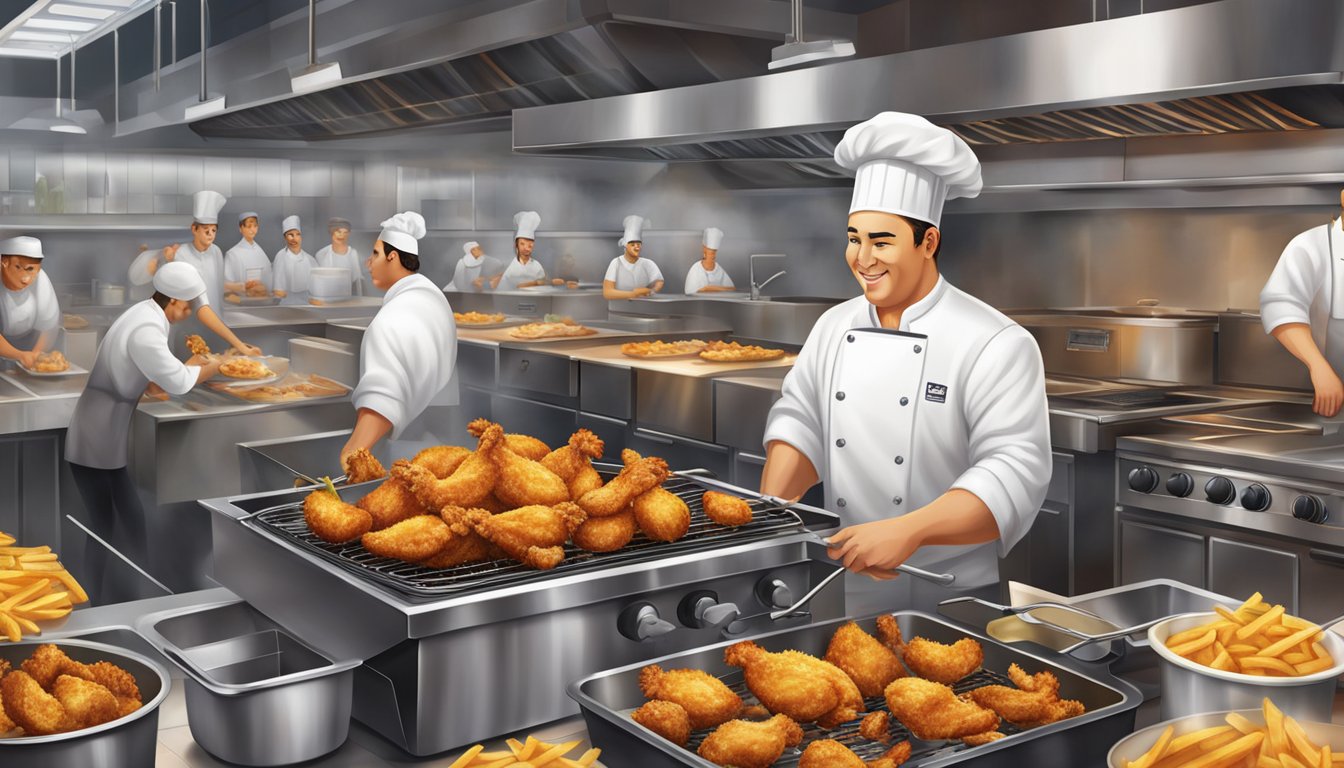 A sizzling hot fryer basket holds golden, crispy chicken pieces, surrounded by a bustling kitchen filled with chefs and workers