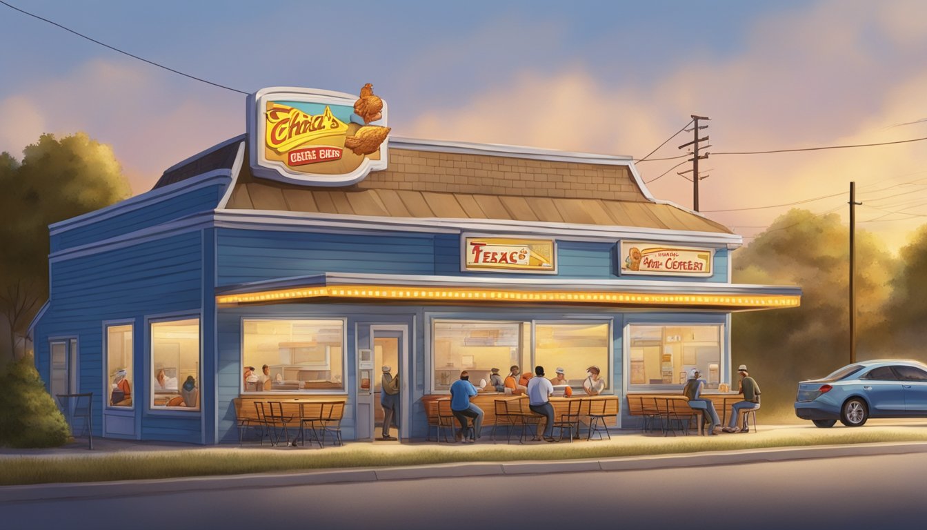 A small, humble Texas roadside diner with a sign reading "Church's Texas Chicken" and a line of hungry customers waiting to try the new fried chicken recipe