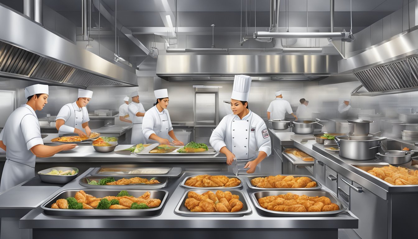 A bustling restaurant kitchen with chefs preparing and cooking Church's Texas Chicken dishes, while staff ensure food safety and quality control