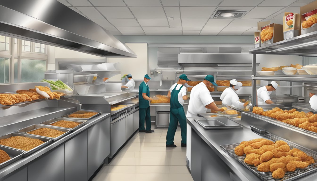 A bustling Church's Texas Chicken restaurant with fresh ingredients being carefully inspected and prepared in a clean, organized kitchen