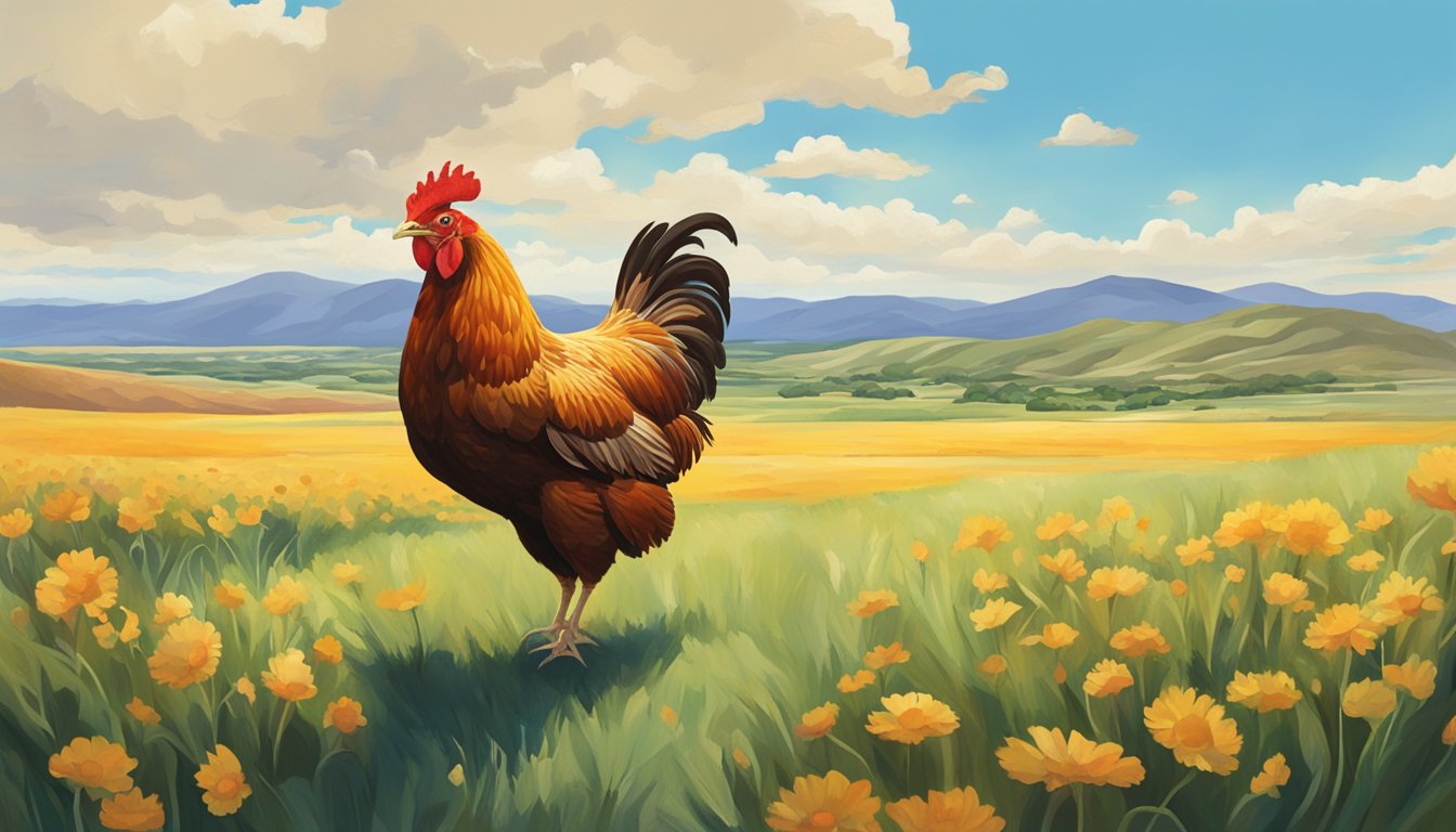 A lone chicken roams the vast Texas landscape, surrounded by rolling hills and a bright blue sky