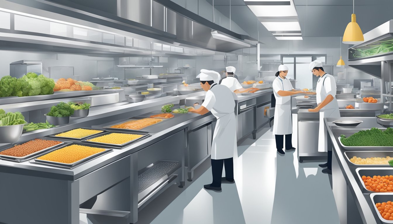 A bustling kitchen with fresh ingredients, modern equipment, and strict quality control measures in place. Staff members diligently follow food safety protocols