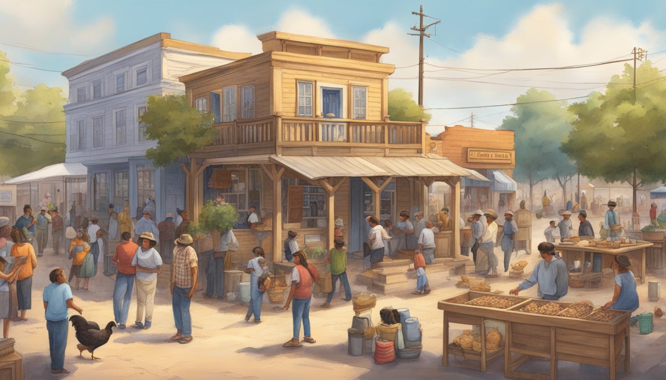 A bustling Texas town square with a small, humble chicken coop at the center, surrounded by a diverse group of people sharing food and stories