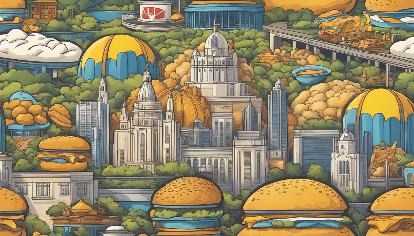 The scene depicts a diverse array of iconic landmarks from around the world, symbolizing Church's Texas Chicken's global presence and influence