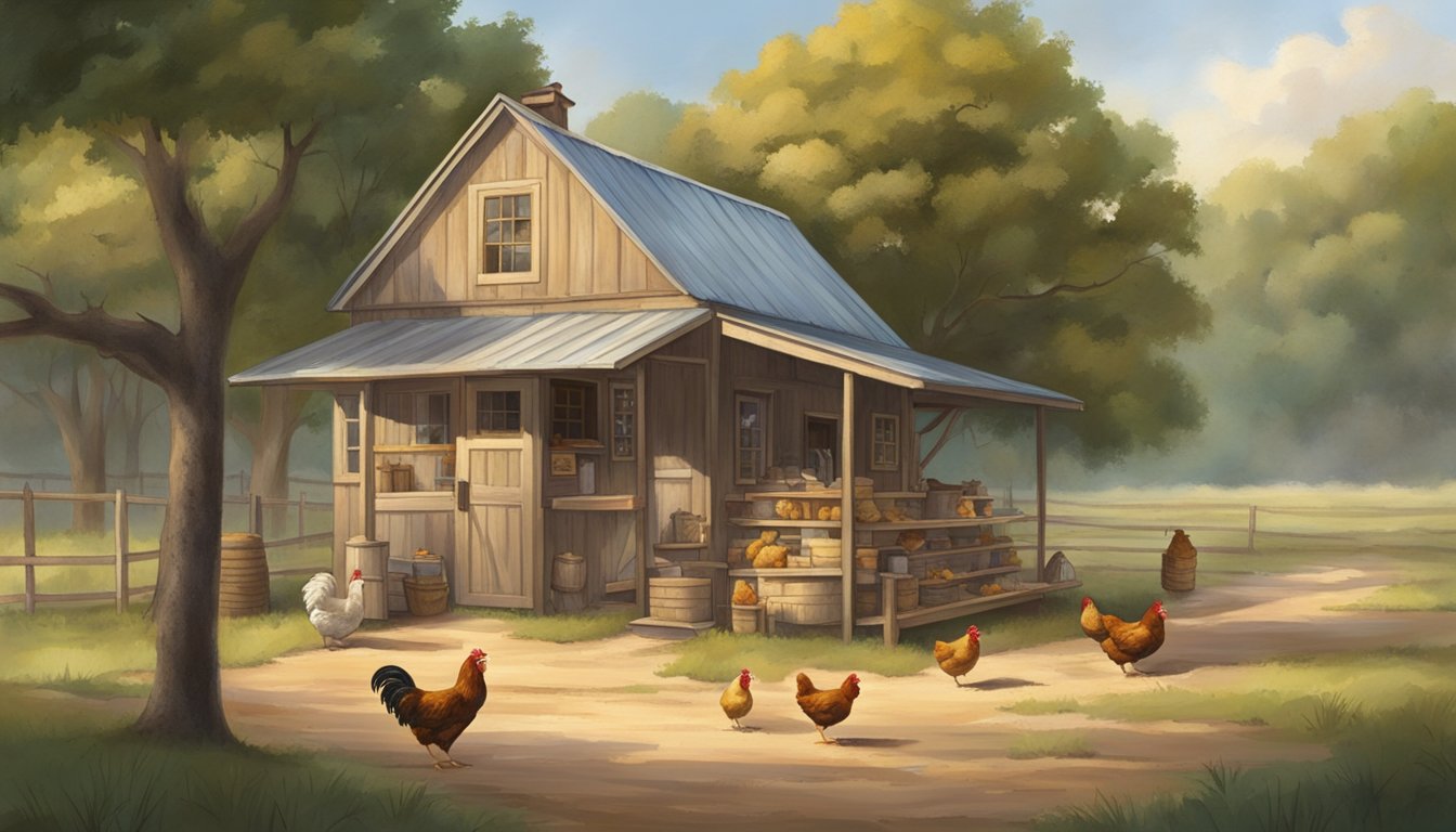 The scene depicts a humble Texas ranch with a small family-owned chicken coop. A warm, welcoming atmosphere is evident as customers enjoy delicious, crispy fried chicken