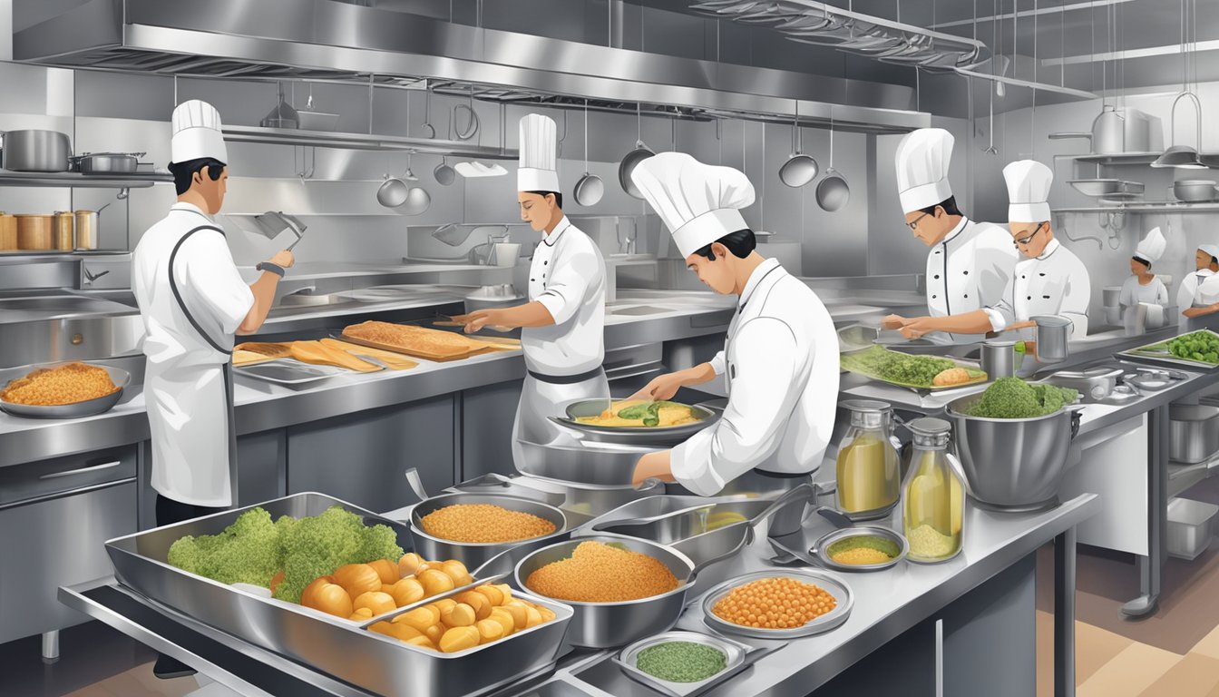 A bustling kitchen with chefs inspecting ingredients and monitoring cooking processes, while managers oversee operations and ensure adherence to quality and safety standards