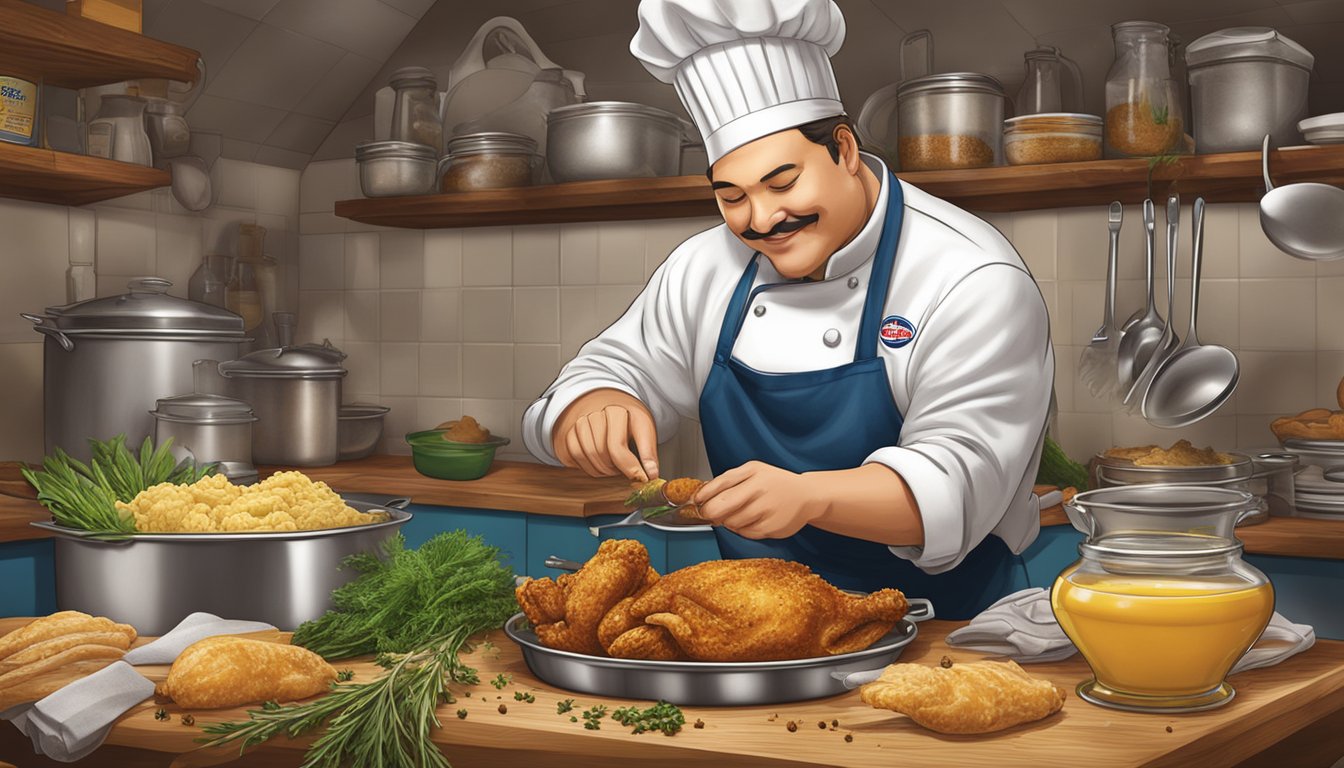 A chef preparing Church's Texas Chicken's Original Recipe with a blend of herbs and spices, surrounded by ingredients and kitchen utensils