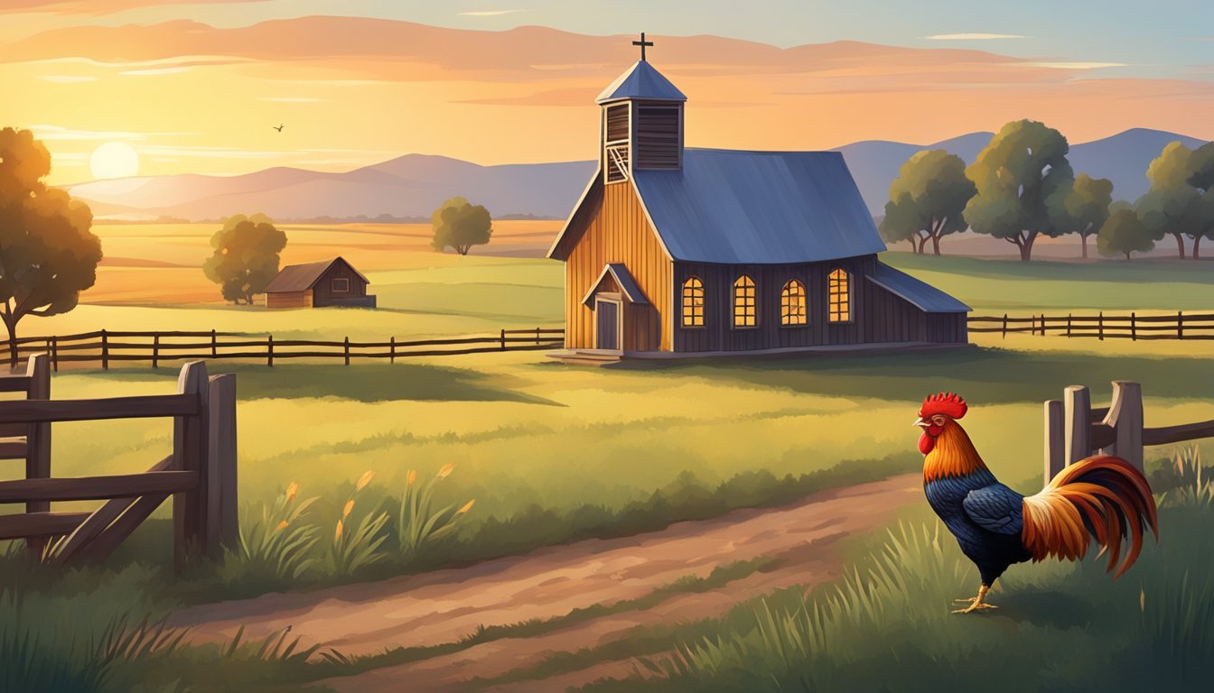 A rustic Texan farm with a rooster crowing at sunrise, surrounded by fields and a small country church in the background