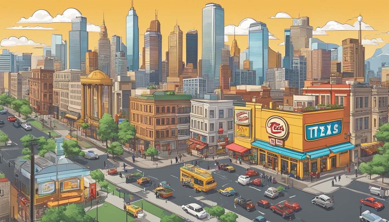 A bustling city skyline with a prominent Texas Chicken restaurant, surrounded by various international landmarks