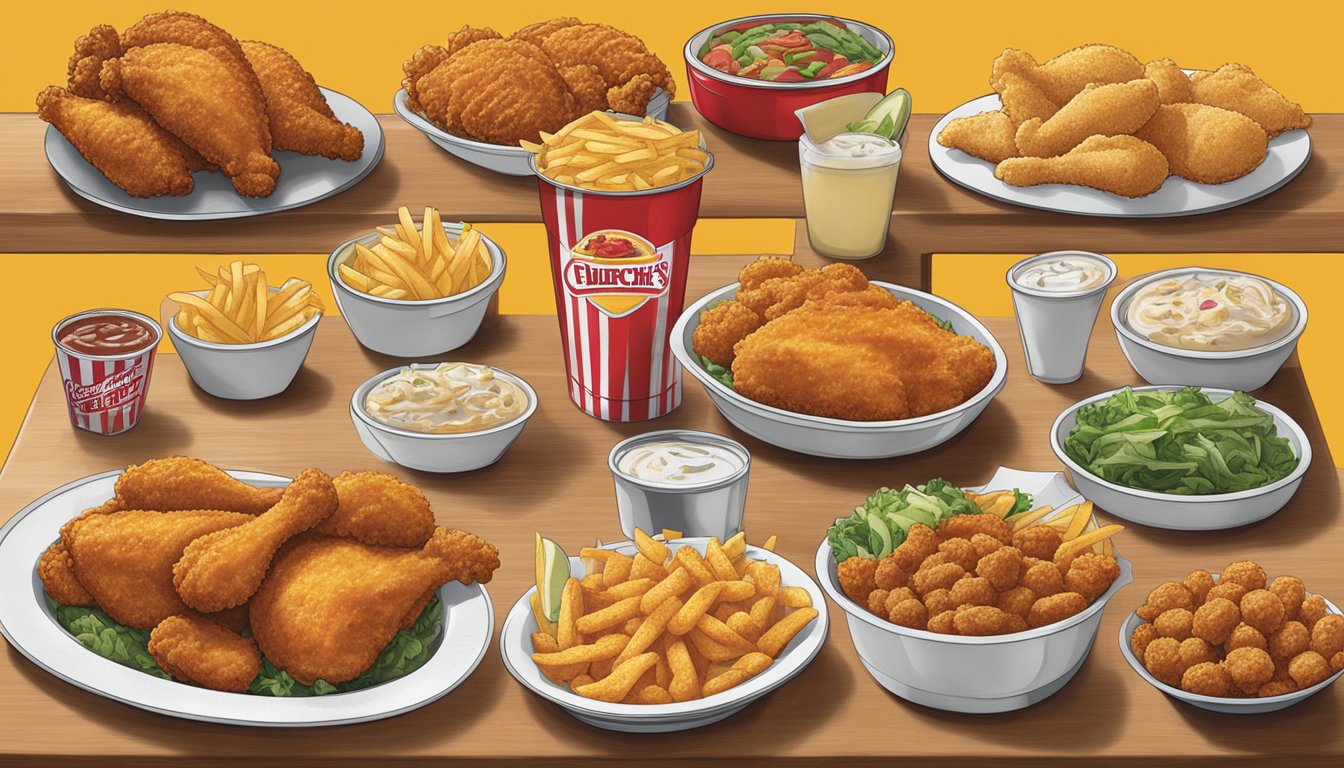 A table displays various menu items from Church's Texas Chicken, including the Signature Original Recipe, with variations in size and sides