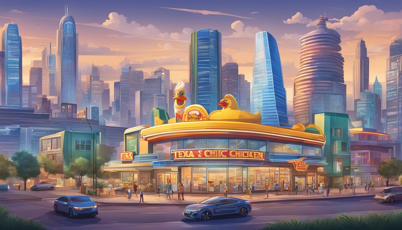 A futuristic city skyline with a prominent Texas Chicken restaurant among other international landmarks