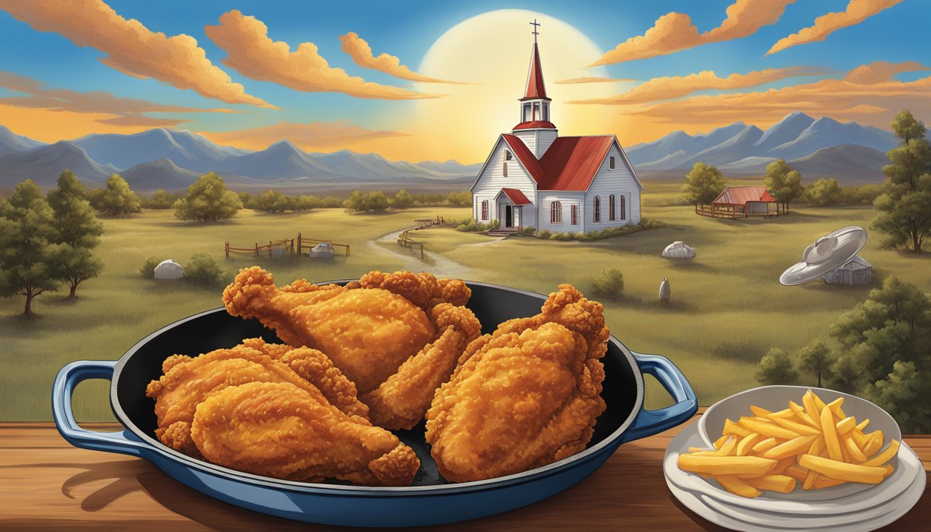 A sizzling skillet of fried chicken, surrounded by Texan landscapes and cowboy hats, with the iconic Church's Texas Chicken logo prominently displayed