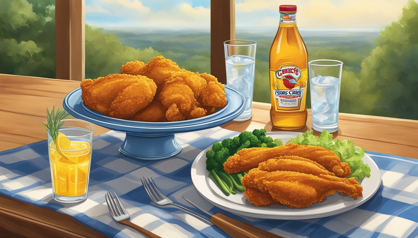 A table with a plate of Church's Texas Chicken, surrounded by vegetables and a glass of water