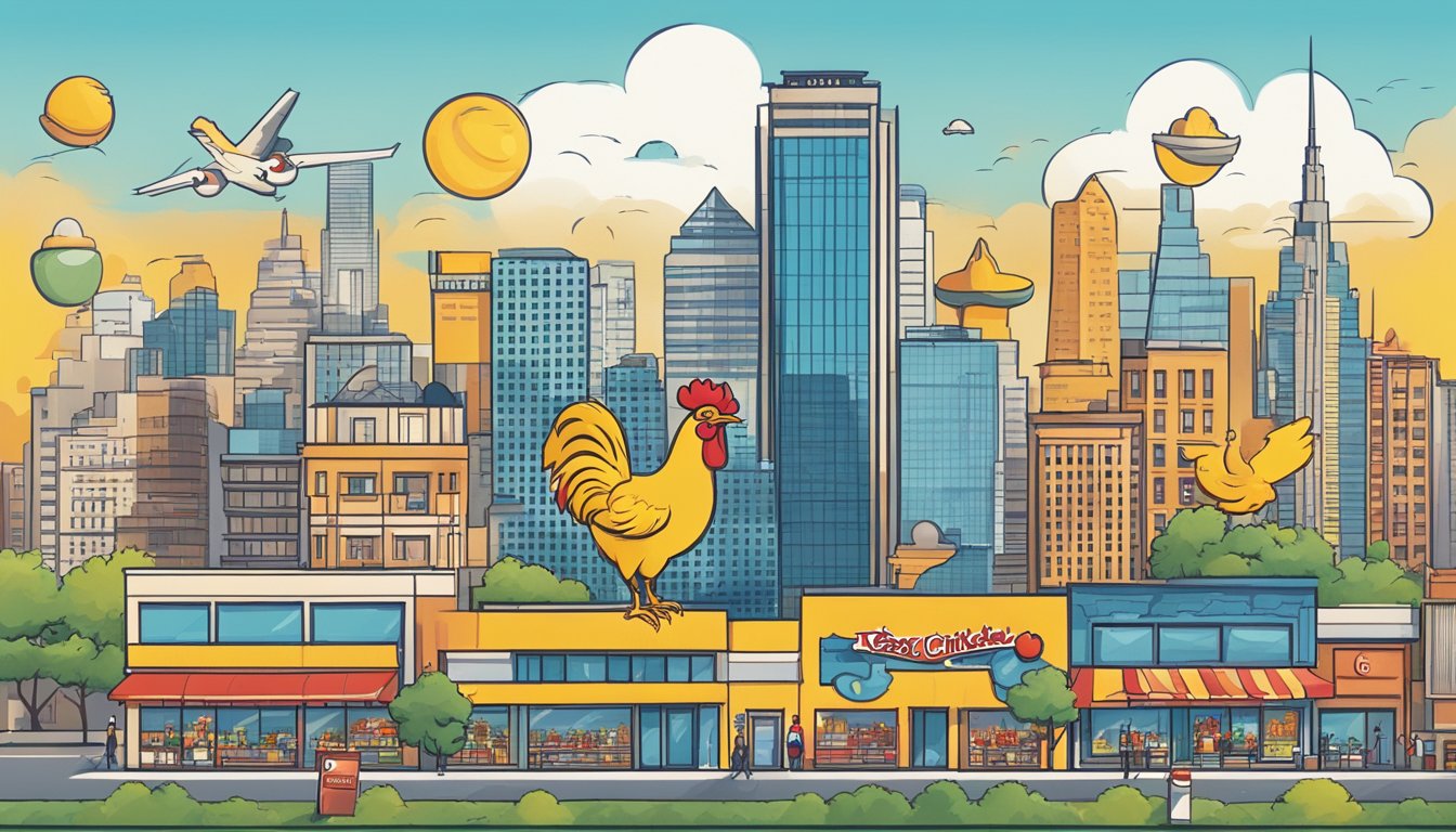 A bustling city skyline with a prominent Texas Chicken restaurant, surrounded by diverse cultural landmarks and symbols of corporate responsibility